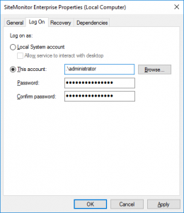 SiteMonitor Enterprise Service Properties